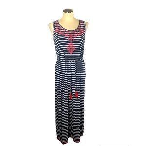 THML Navy Striped Maxi Dress M Red Embroidery Knit Sleeveless Belted Slit Size S